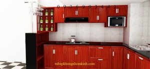 mẫu thiết kế tủ bếp nhôm giả gỗ chữ I
