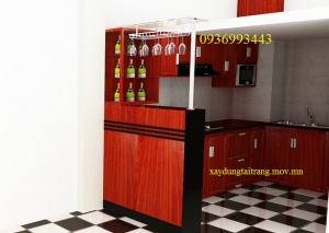 thiết kế tủ bếp nhôm giả gỗ có quầy bar