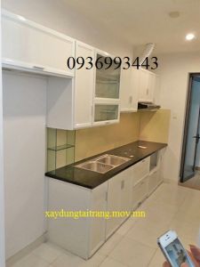 thiết kế tủ bếp nhôm sơn tĩnh điện chữ I