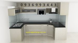 thiết kế tủ bếp nhôm cánh Laminate chữ U