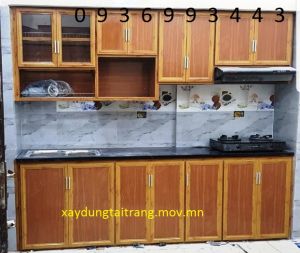 tủ bếp nhôm vân gỗ màu nhạt chữ I