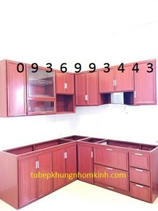 tủ bếp nhôm vân gỗ chữ L