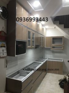thi công tủ bếp nhôm cánh hệ Zang Lee chữ L