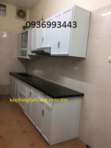mẫu tủ bếp nhôm kính chữ I