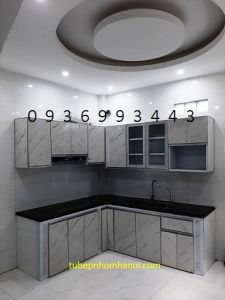 tủ bếp nhôm chữ L xây bệ bếp