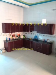 tủ bếp nhôm cánh hệ Zang Lee mặt Acrylic chữ L