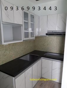 tủ bếp nhôm cánh hệ Zang Lee PVC vân đá