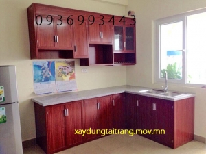 tủ bếp nhôm vân gỗ chữ L