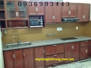 thi công tủ bếp nhôm vân gỗ chữ I