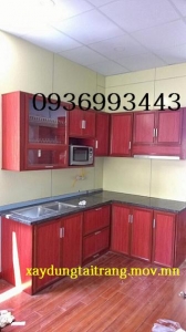 tủ bếp nhôm vân gỗ chữ L