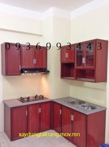 thiết kế tủ bếp nhôm vân gỗ chữ L