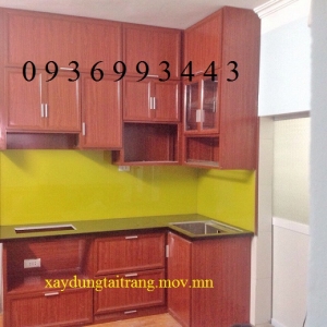 tủ bếp nhôm vân gỗ chữ L