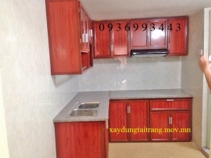 mẫu tủ bếp nhôm vân gỗ chữ L